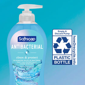 Hand holding Softsoap bottle for scale, conveys portable pump size and easy handling