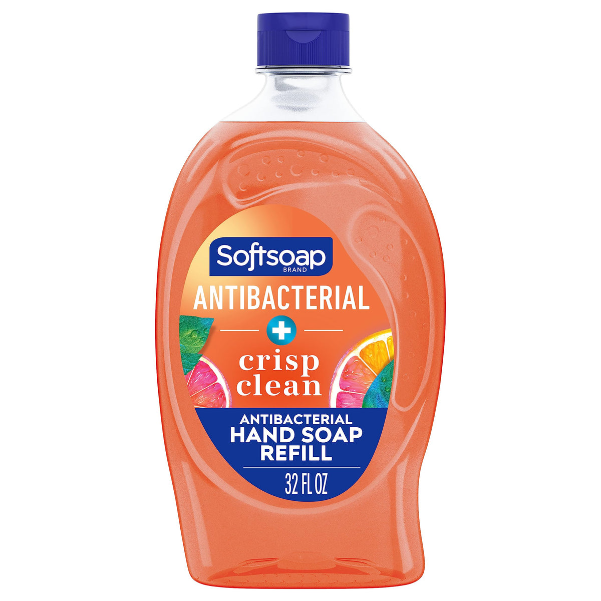Softsoap front packaging showing 32 oz refill and crisp clean scent benefits