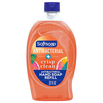 Softsoap front packaging showing 32 oz refill and crisp clean scent benefits