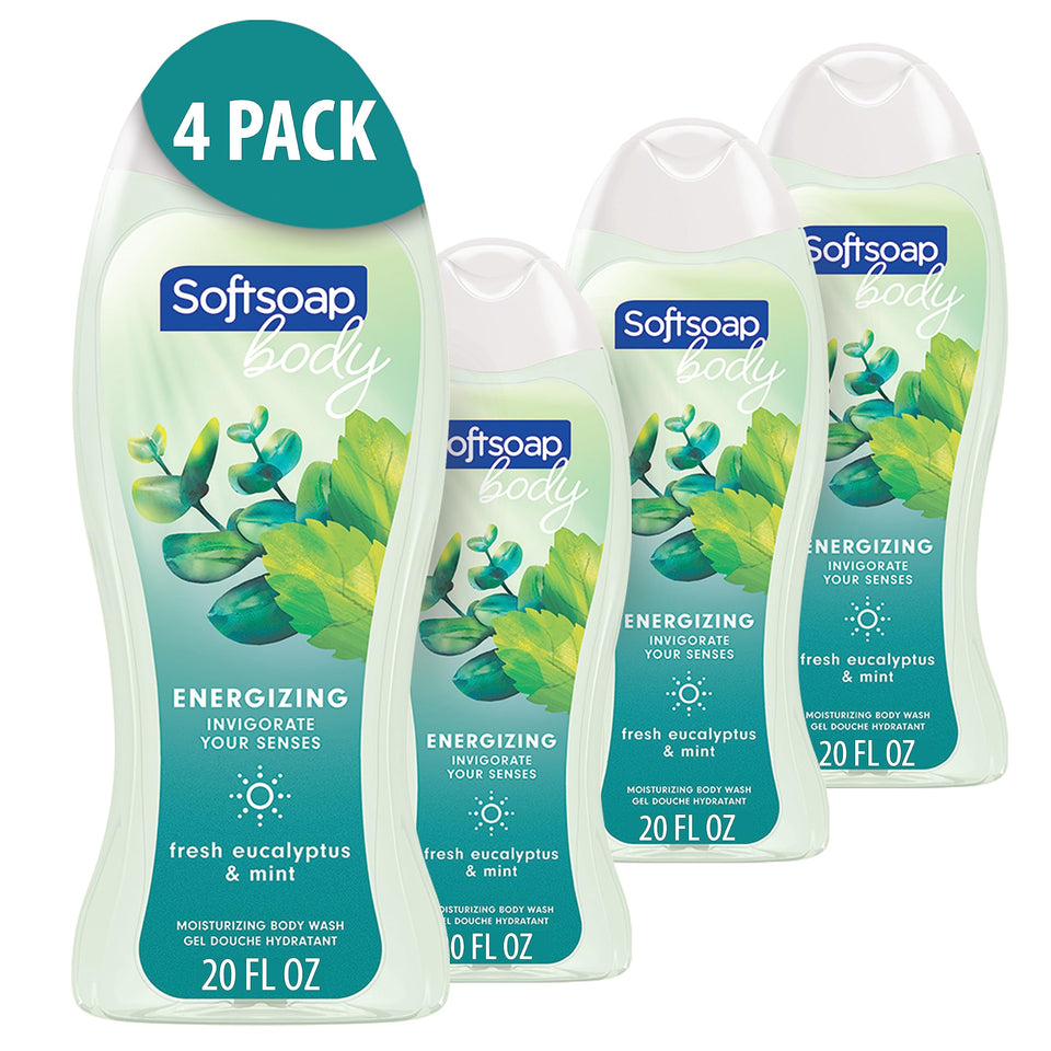 Softsoap eucalyptus and mint front packaging showing four bottles and benefits