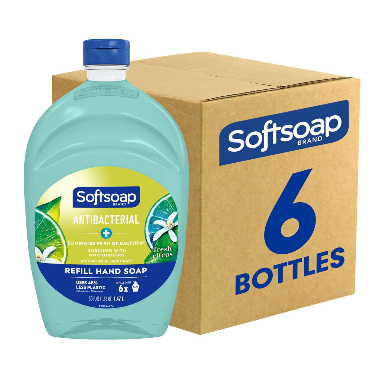 Softsoap front carton showing Fresh Citrus refill bottles and easy storage benefit