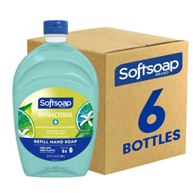 Softsoap front carton showing Fresh Citrus refill bottles and easy storage benefit