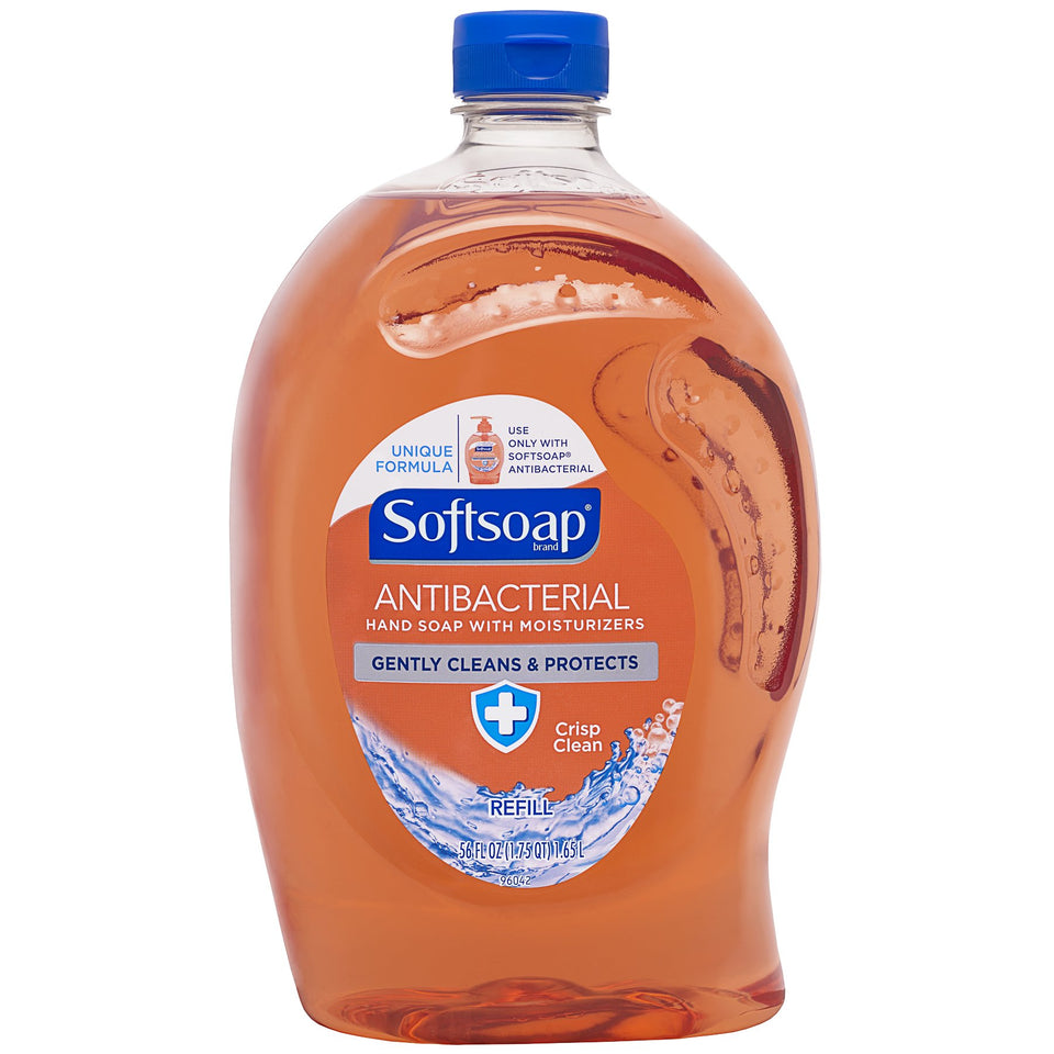 Softsoap refill bottle front view showing 56 ounce size and easy refill benefit