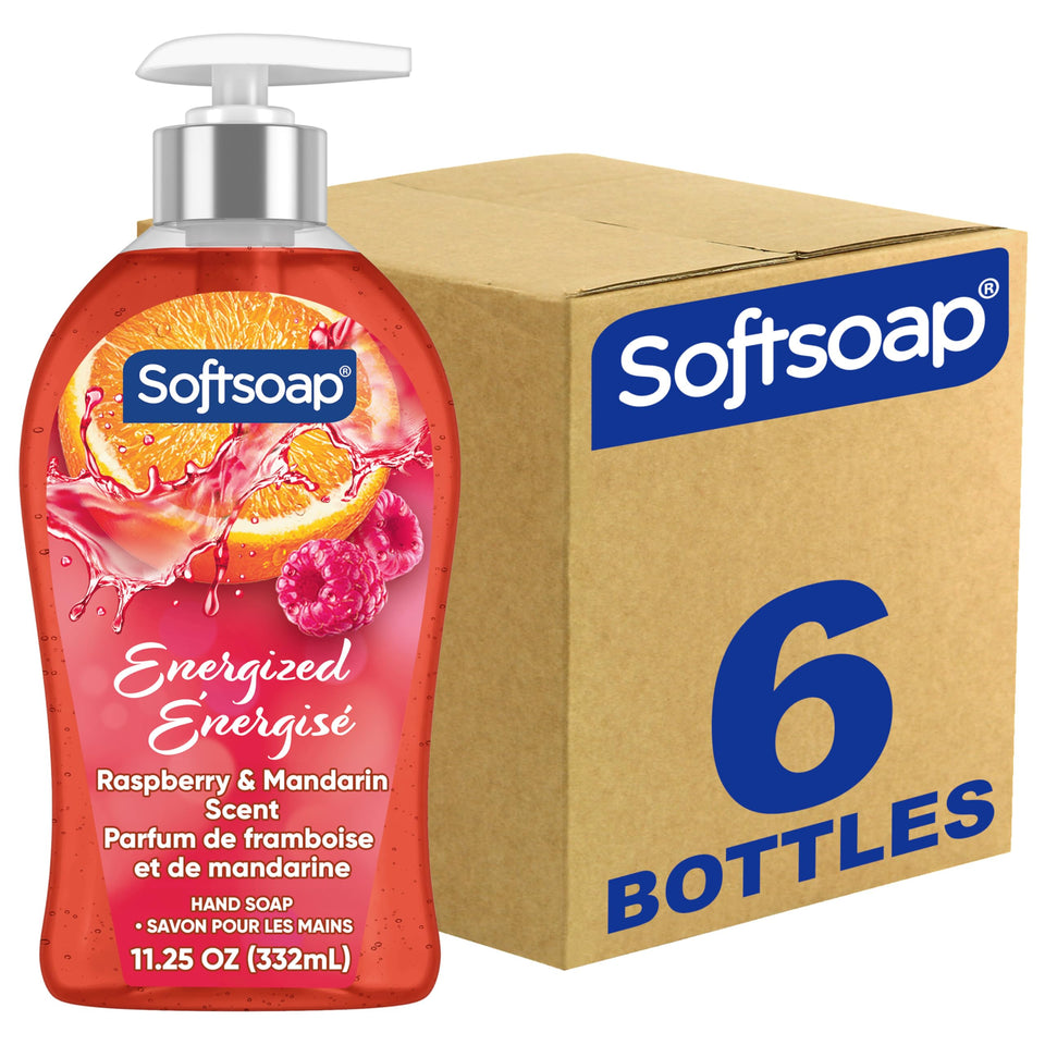 Softsoap front packaging showing raspberry and mandarin scent and invigorating fragrance benefit