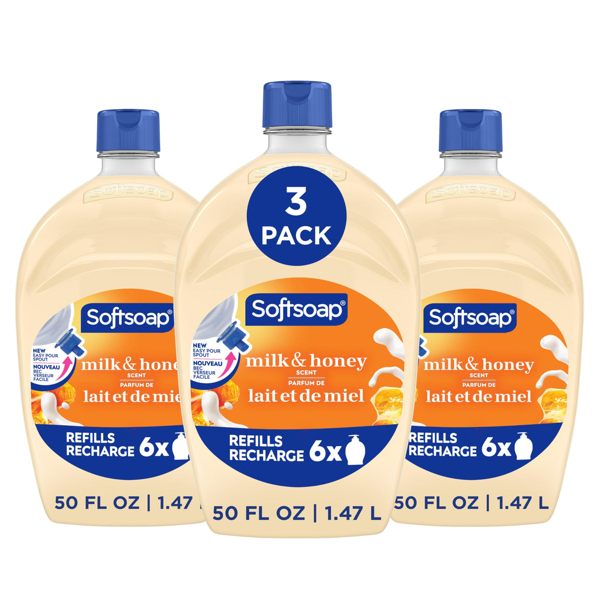 Softsoap front packaging showing three 50 fl oz refills and clear branding benefit convenience