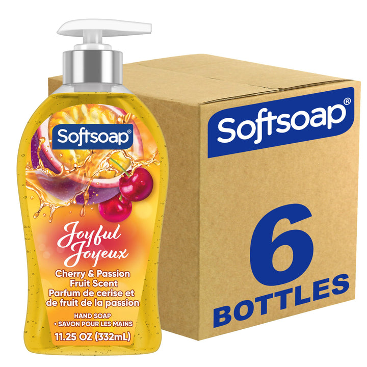 Softsoap bottle front packaging showing label and cherry passion fruit scent benefits