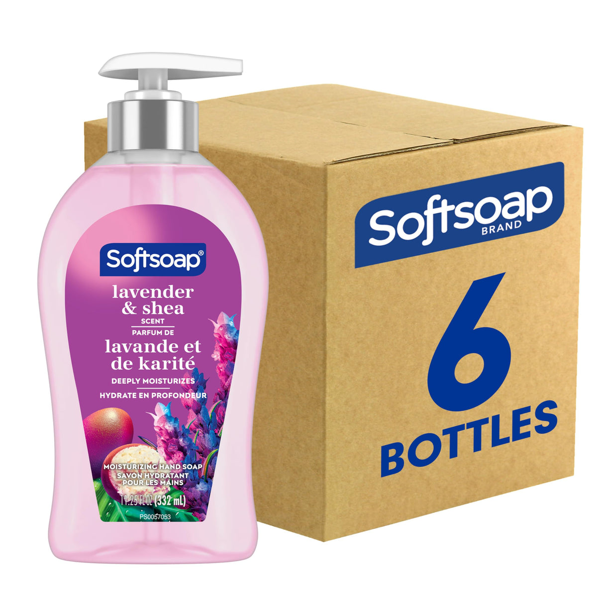 Softsoap front packaging showing lavender and shea, adds calming scent