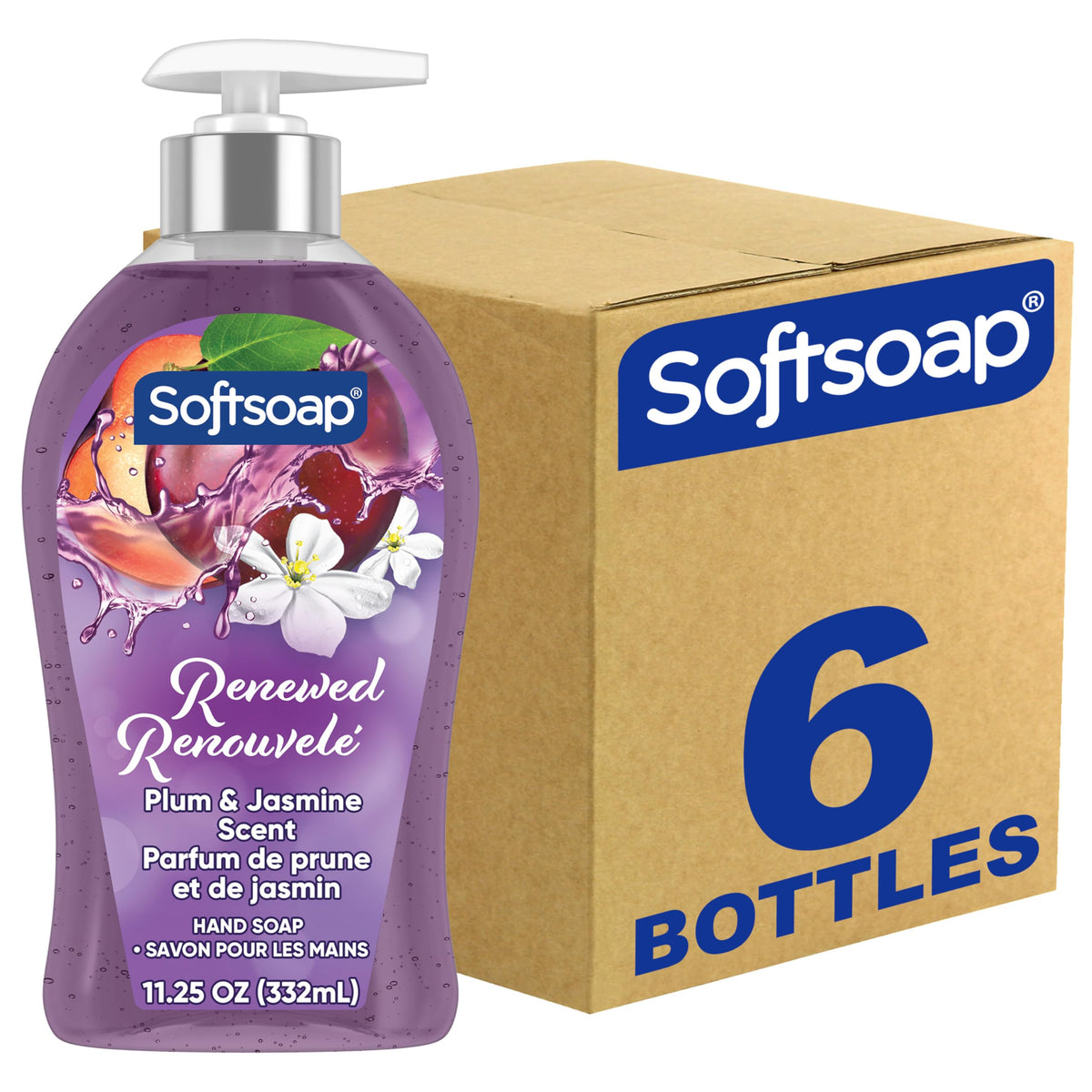 Softsoap bottle front packaging showing plum and jasmine scent and benefits
