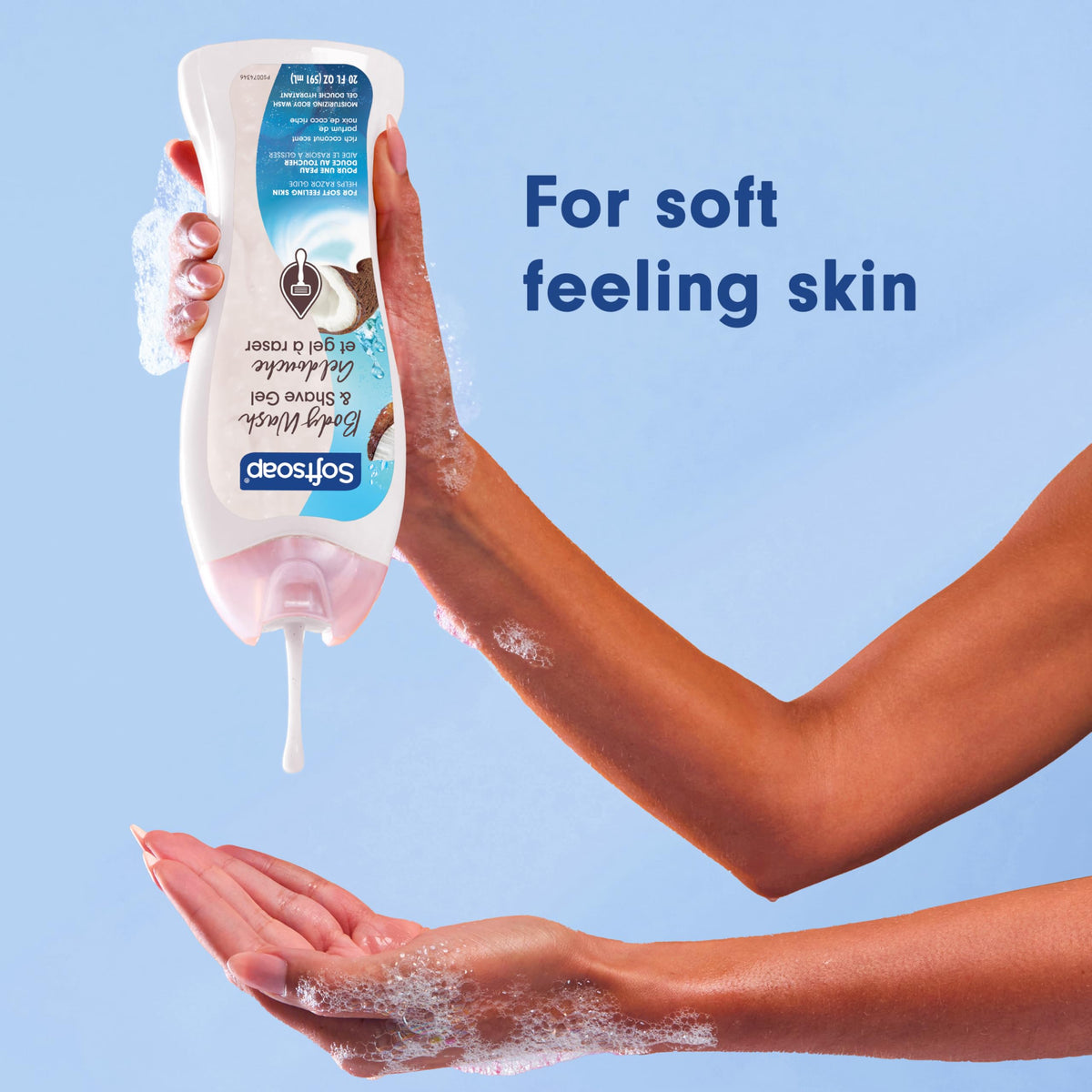 Softsoap lather pouring into hand demonstrating cleansing and shaving use