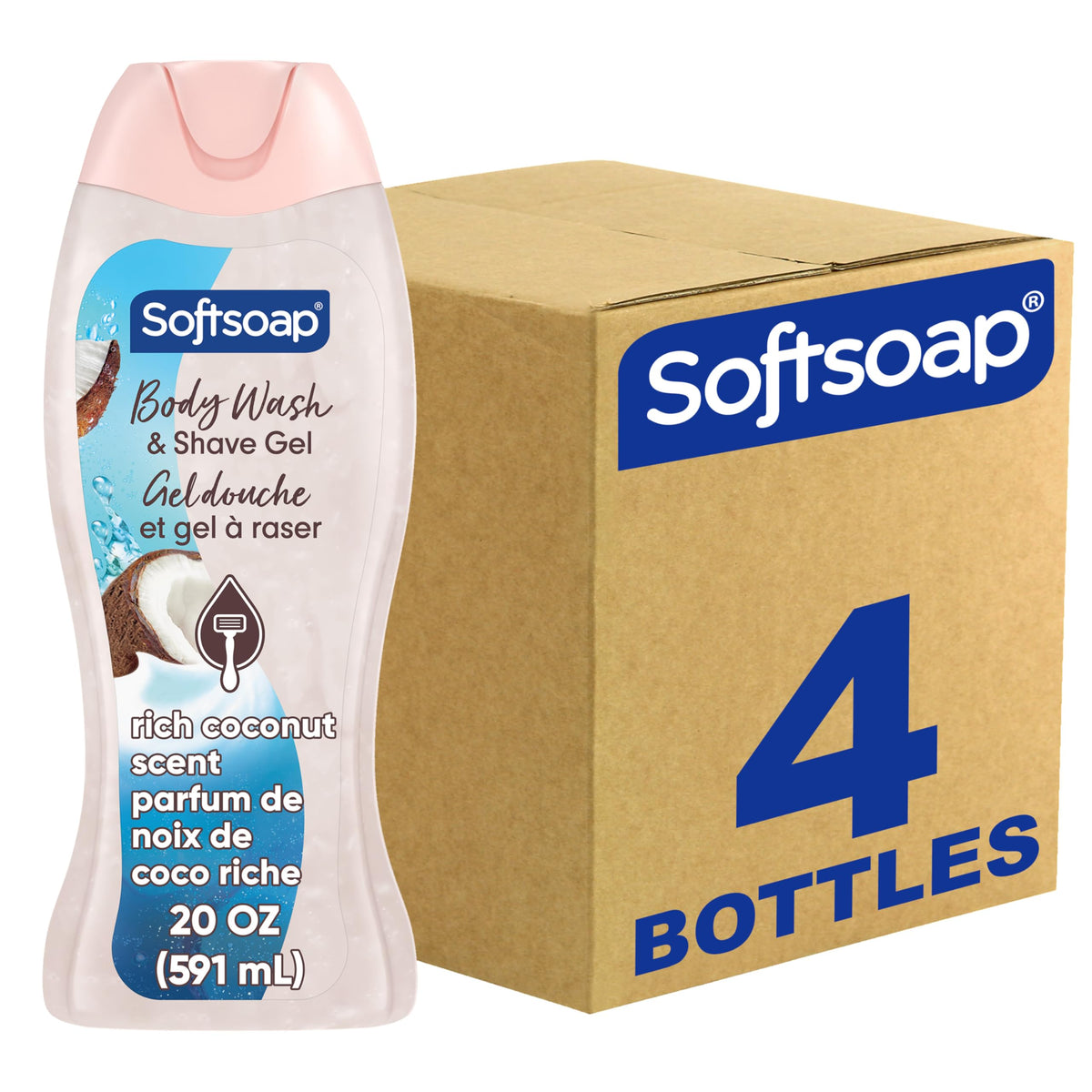 Softsoap bottle front view showing rich coconut scent and 20 fl oz size benefit