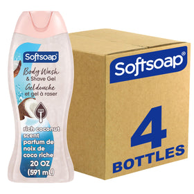 Softsoap bottle front view showing rich coconut scent and 20 fl oz size benefit