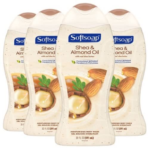 Softsoap shea bottle front view showing gentle-feel and moisturizing benefit