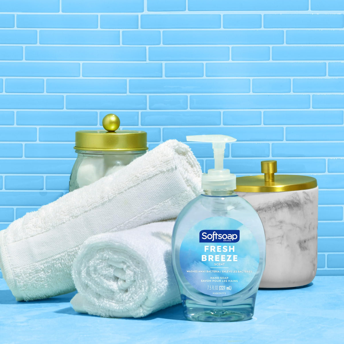 Six Softsoap pump bottles arranged showing bulk convenience and restocking benefit