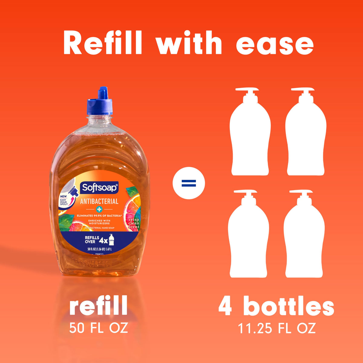 Softsoap bottle next to standard dispenser showing large 50 fl oz capacity benefit