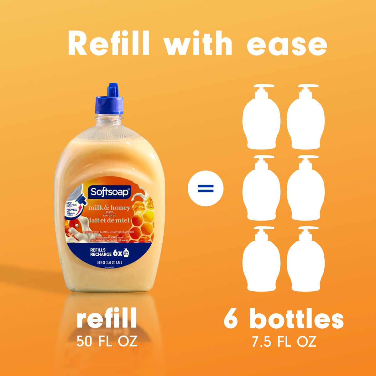 Softsoap refill next to a pump bottle showing 50 fl oz size and fewer restocks benefit