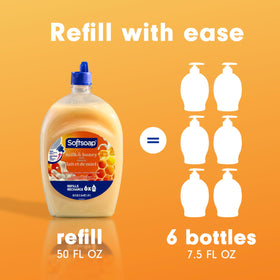 Softsoap refill next to a pump bottle showing 50 fl oz size and fewer restocks benefit