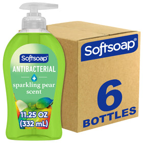 Softsoap bottle front packaging showing Sparkling Pear scent and size benefits