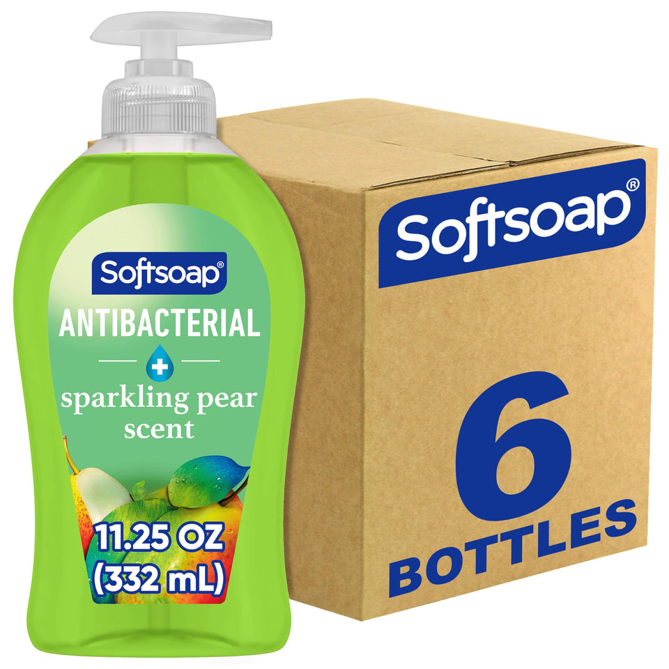 Softsoap bottle front packaging showing Sparkling Pear scent and size benefits