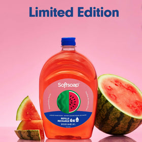 Softsoap close-up label highlighting watermelon scent and ingredient info