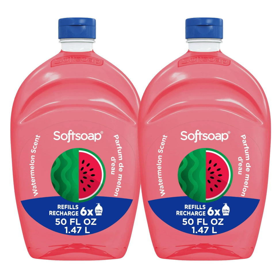 Softsoap front packaging showing watermelon scent and refill size benefits