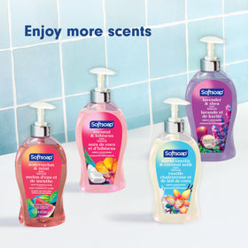 Six Softsoap bottles stacked illustrating bulk pack for stocking multiple sinks
