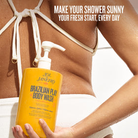 Sol de Janeiro on bathroom shelf styled to show everyday shower routine benefit
