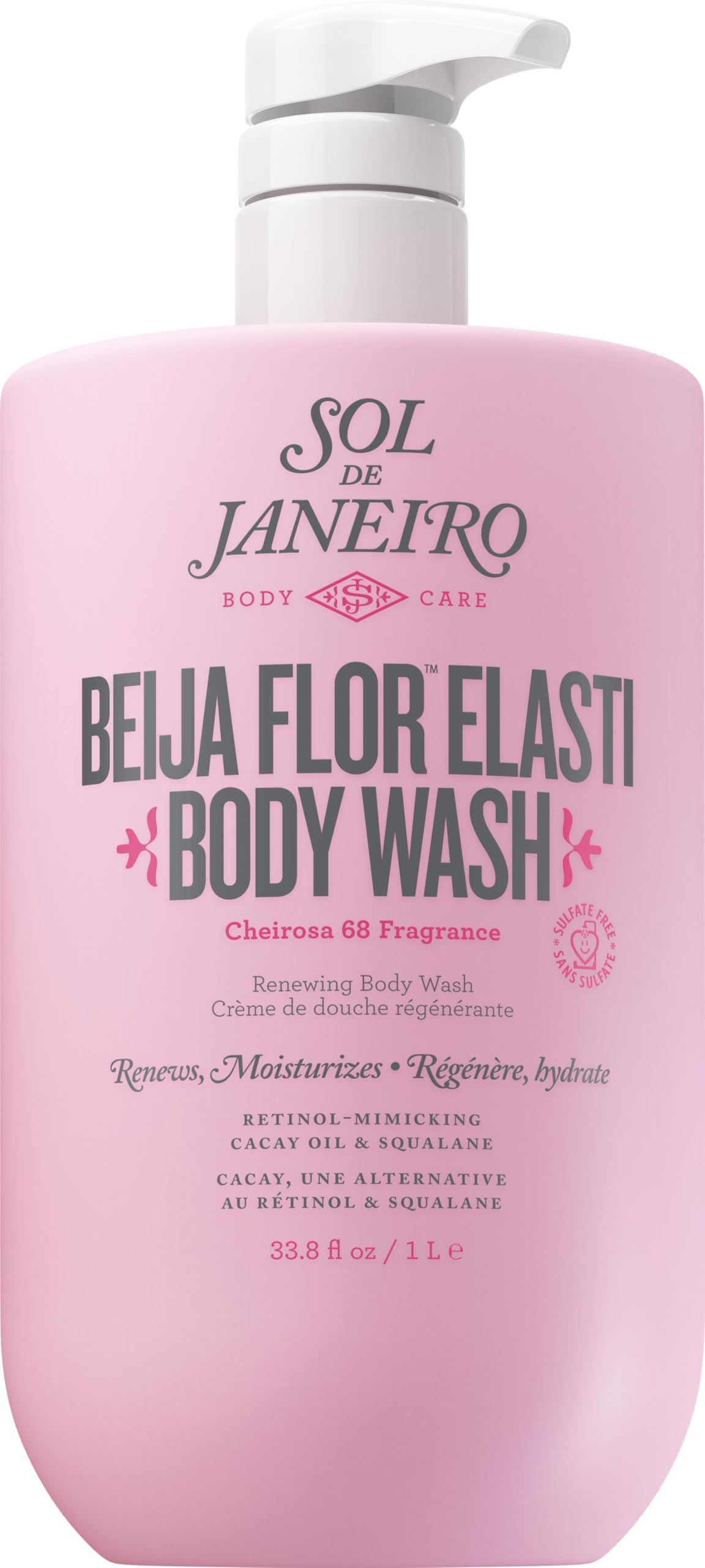 Sol de Janeiro front view of 1L Beija Flor bottle with pump for easy dispensing