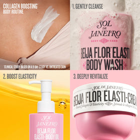 Sol de Janeiro Beija Flor bottle staged by bathtub implying post-shower use benefit