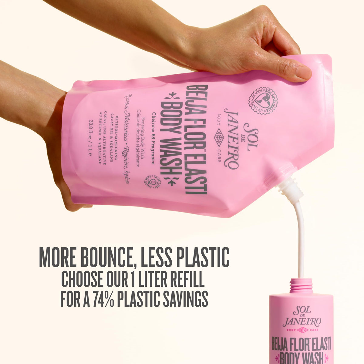 Sol de Janeiro body wash in shower demonstrating soft, supple skin benefit