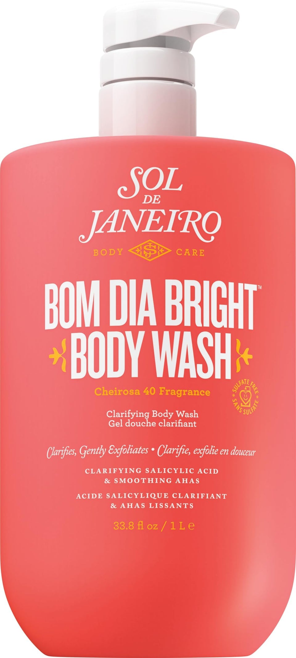 Sol de Janeiro front pump bottle showing 1L size and branding benefit of long-lasting supply