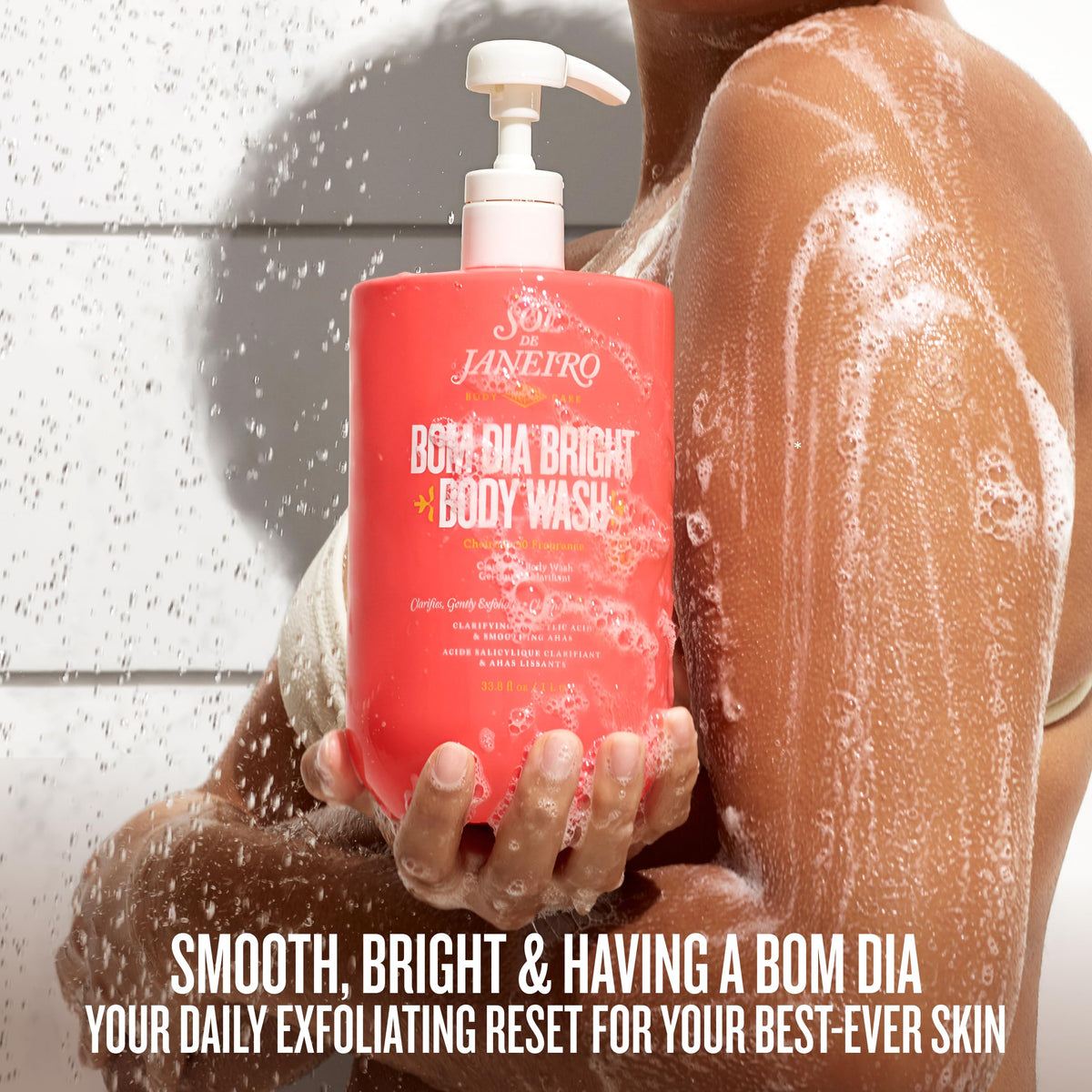 Sol de Janeiro ingredients label close-up showing exfoliant acids and transparent formulation benefit