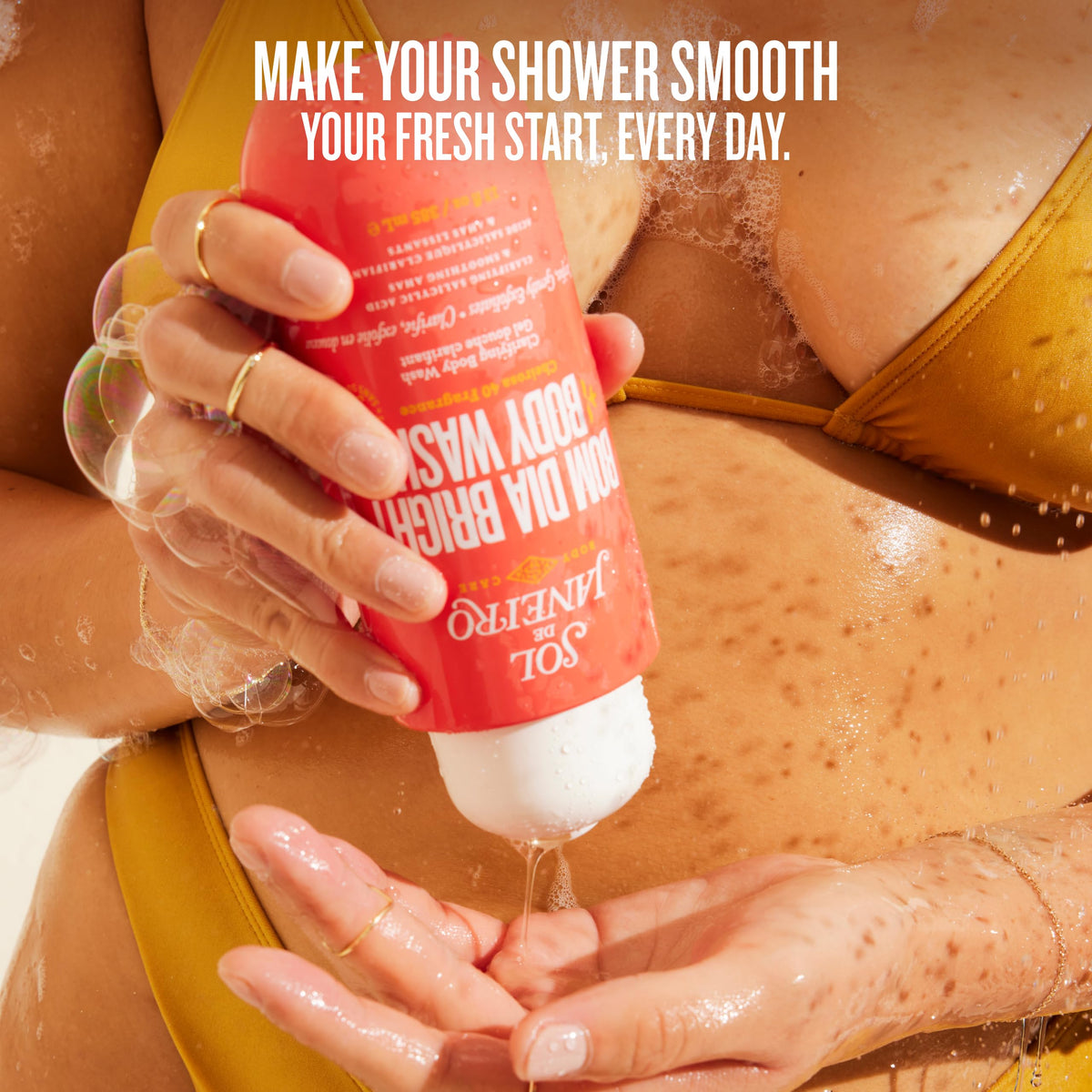 Sol de Janeiro in-shower lifestyle shot showing application and refreshed skin feeling