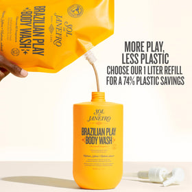 Sol de Janeiro refill paired with pump bottle illustrating refill system benefit