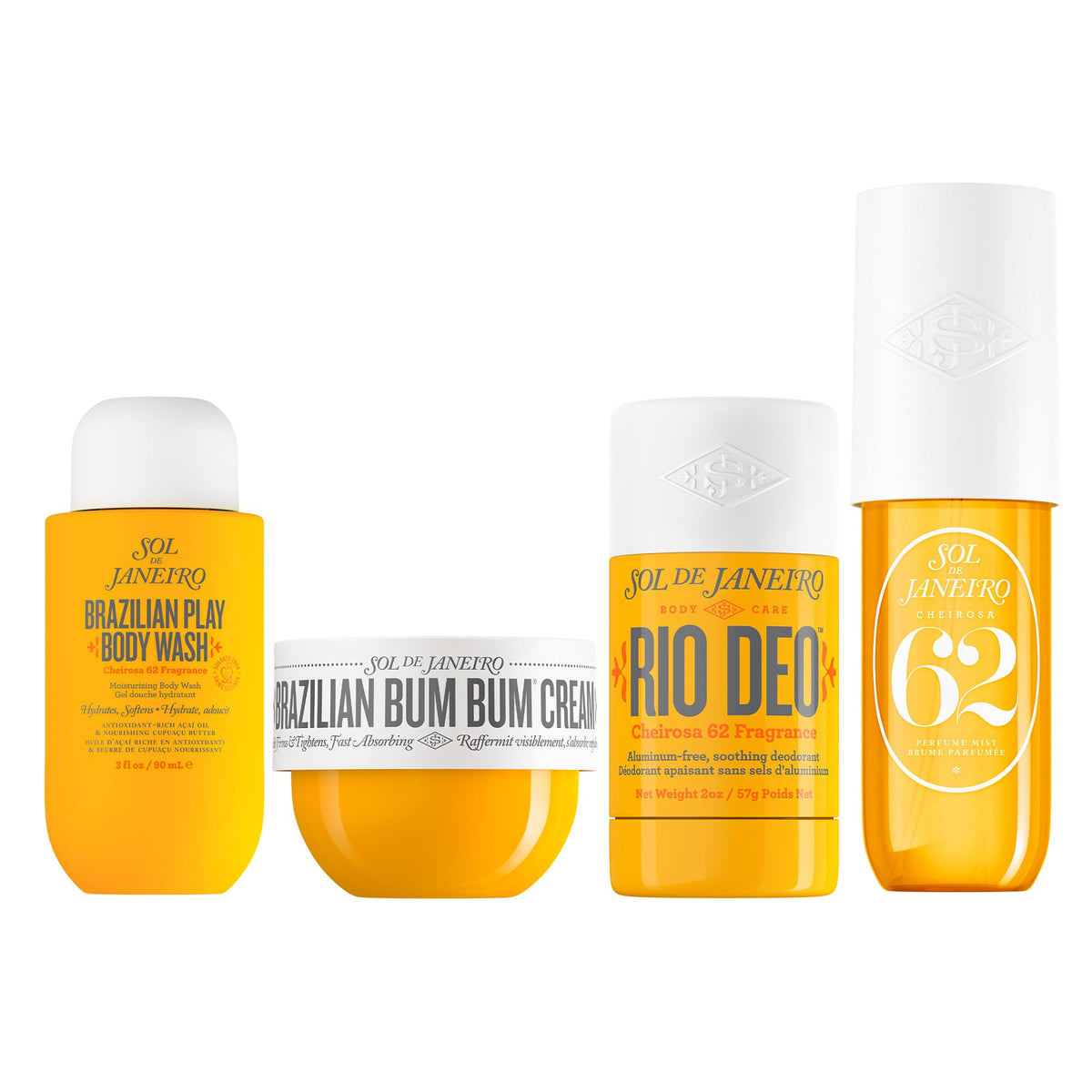 Sol de Janeiro bundle front packaging showing all travel-sized items for convenience