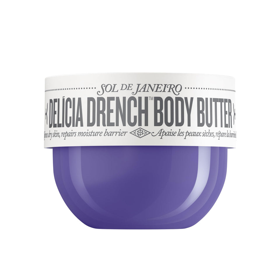 Sol de Janeiro Delicia Drench front jar showing label and size benefit of rich hydration