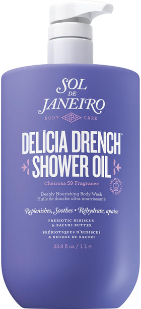 Sol de Janeiro front packaging of 1L Delícia Drench shower oil showing pump and label