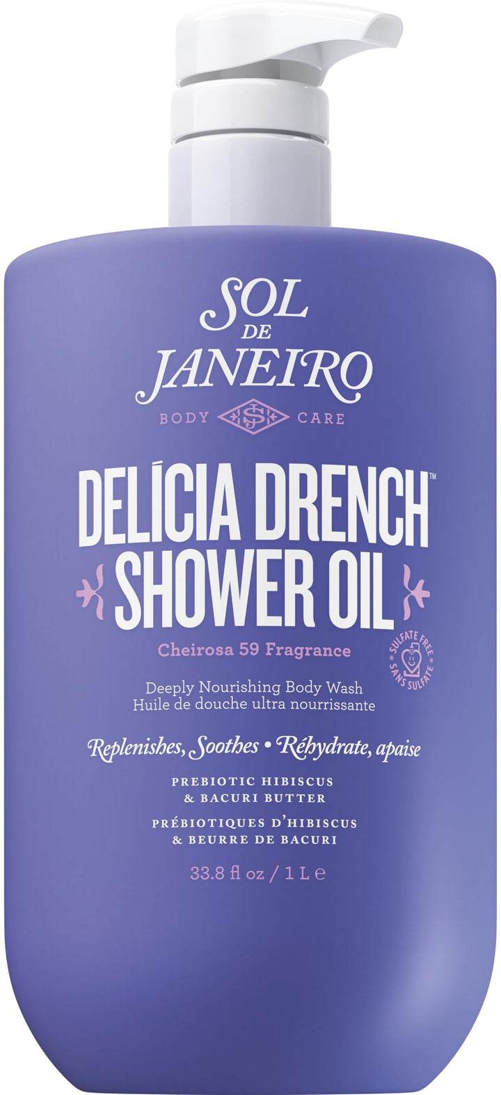 Sol de Janeiro front packaging of 1L Delícia Drench shower oil showing pump and label