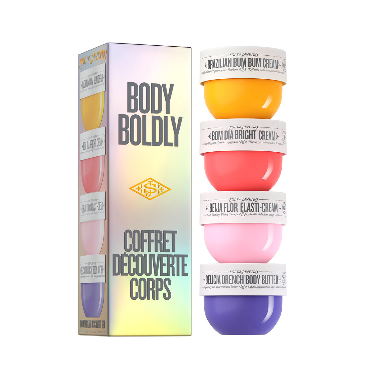 Sol de Janeiro front packaging showing four minis and clear gifting benefit