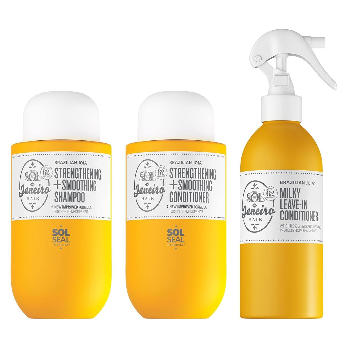 Sol de Janeiro front packaging of the three-piece hair repair set showing product benefits