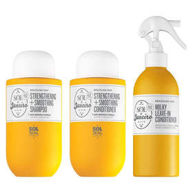 Sol de Janeiro front packaging of the three-piece hair repair set showing product benefits