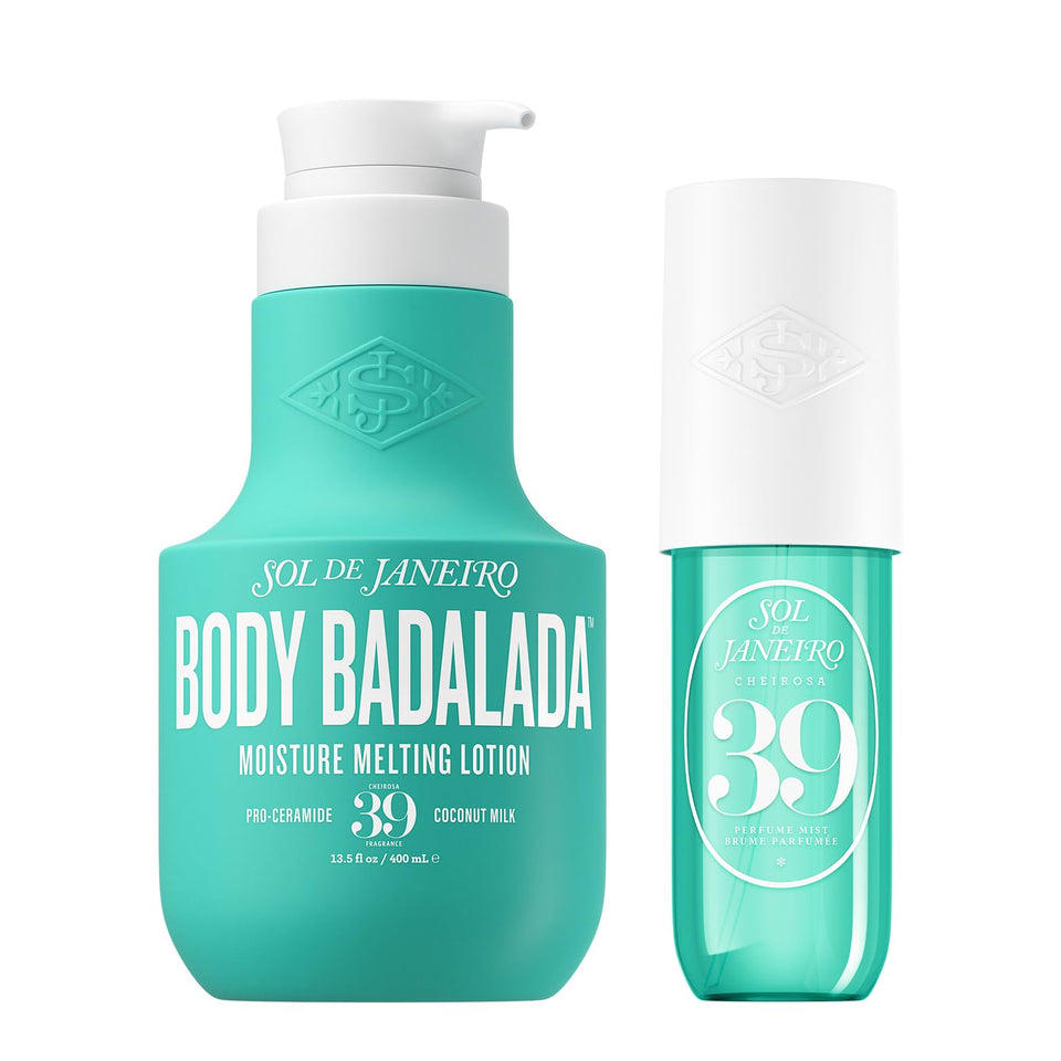 Sol de Janeiro bundle front packaging showing lotion and mist for hydrated scented skin