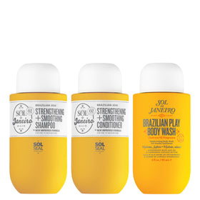 Sol de Janeiro front packaging showing the travel-size shower bundle and scent benefit