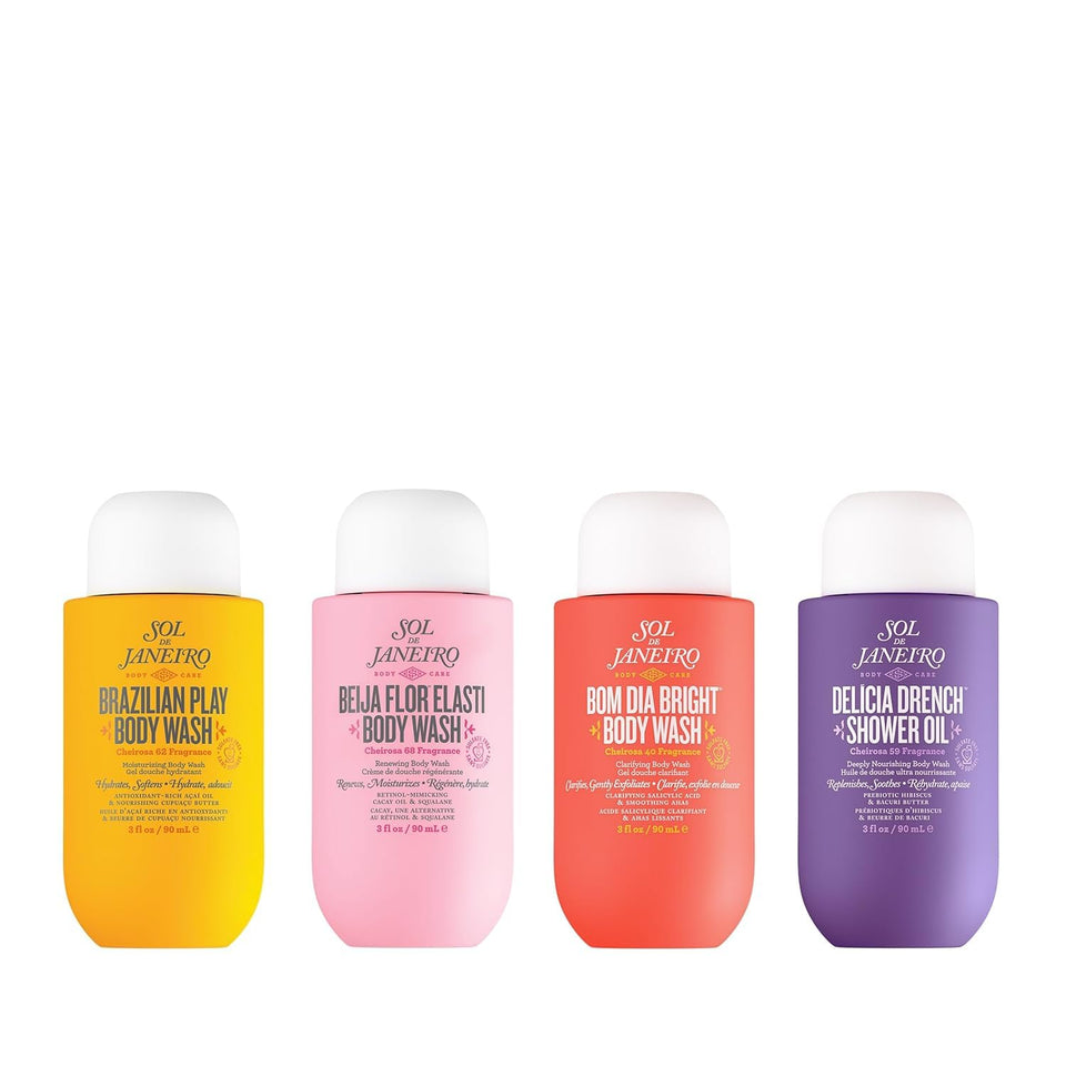Sol de Janeiro front packaging travel quad showing four mini bottles and benefits
