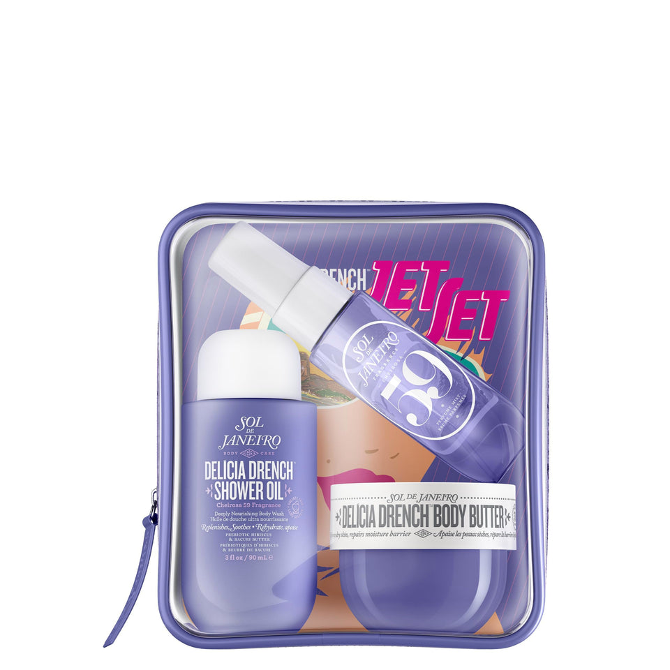 Sol de Janeiro front packaging showing the travel-ready trio and benefit of convenience
