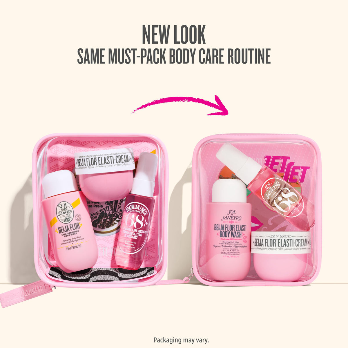 Sol de Janeiro set styled on bathroom shelf showing everyday routine appeal