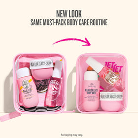 Sol de Janeiro set styled on bathroom shelf showing everyday routine appeal