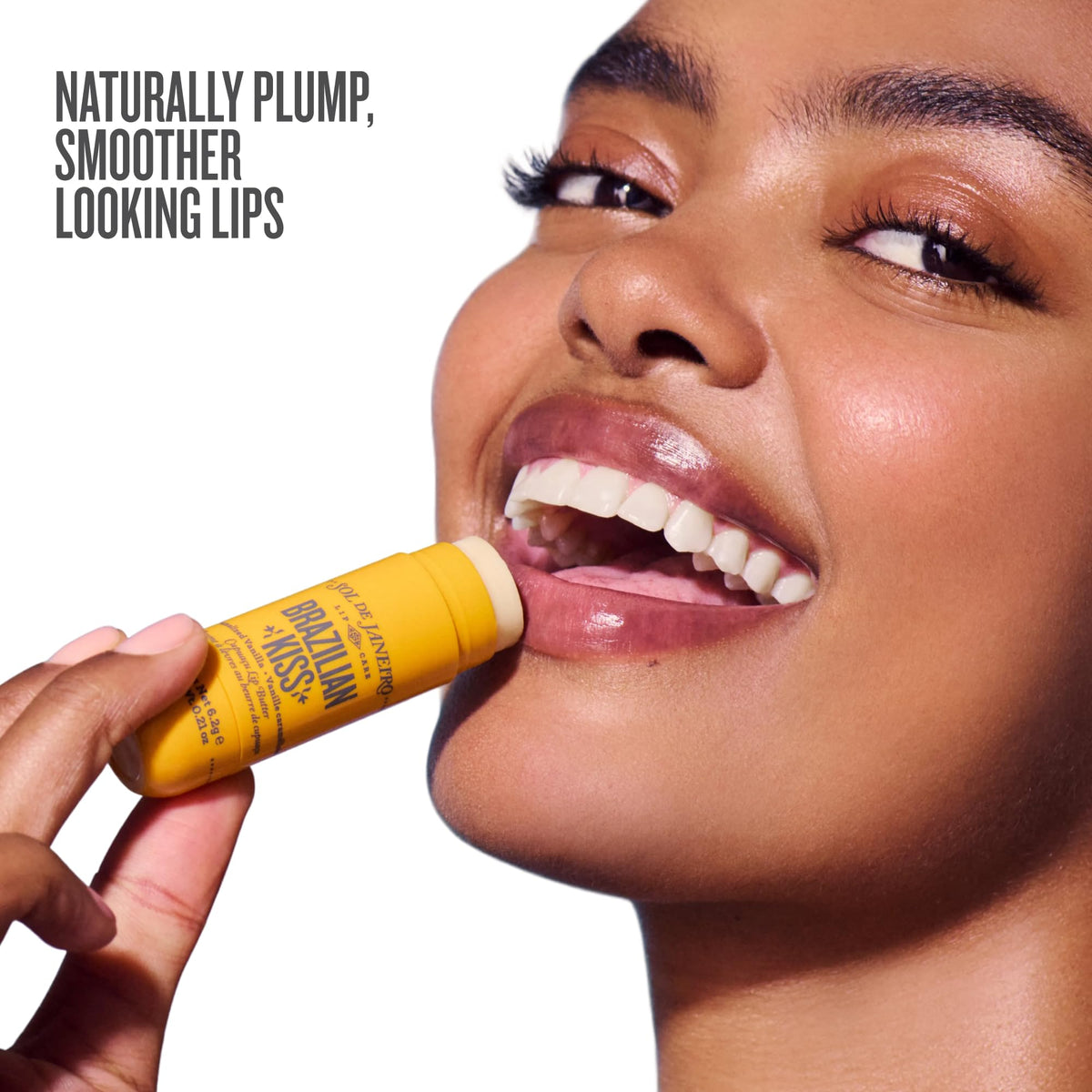Sol de Janeiro lip butter tube side label highlighting product branding and vegan benefit