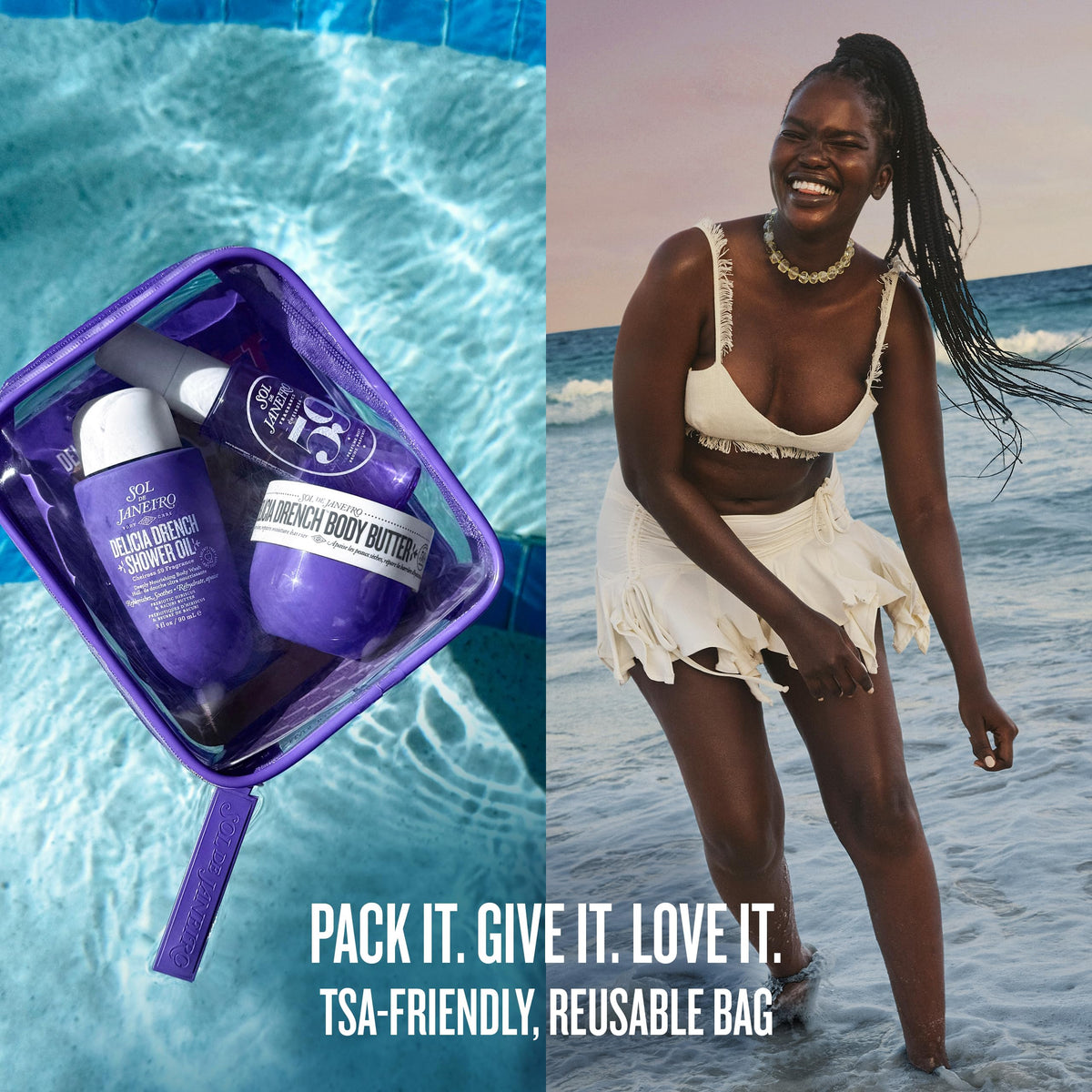 Sol de Janeiro kit beside passport to show travel-friendly size and packing ease