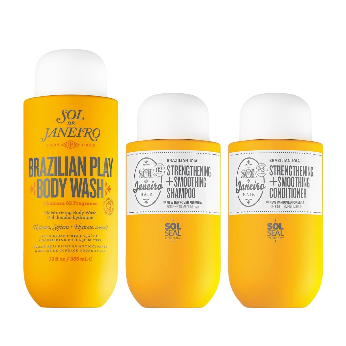 Sol de Janeiro front packaging showing full three-piece bundle and benefit of coordinated routine