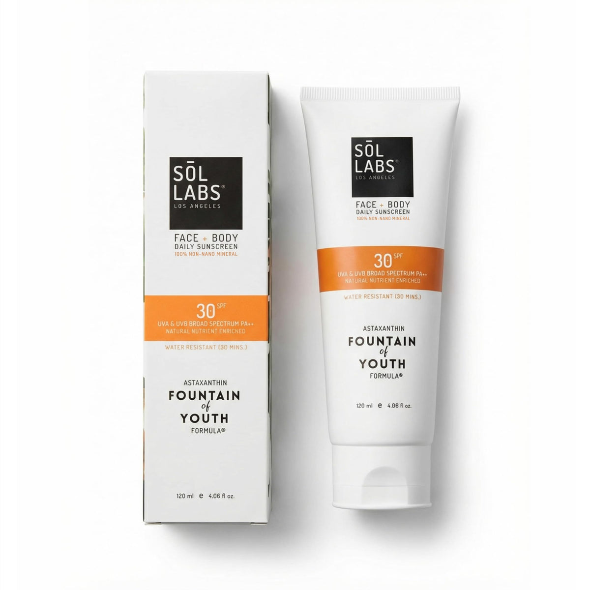 SOL LABS front packaging showing the SPF 30 bottle and benefits